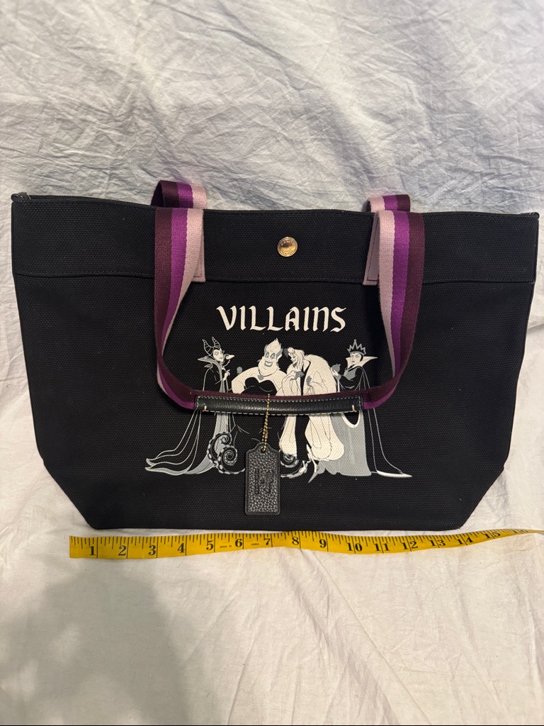 Disney X Coach Tote Villains Black Canvas Tote With Purple Accent Straps